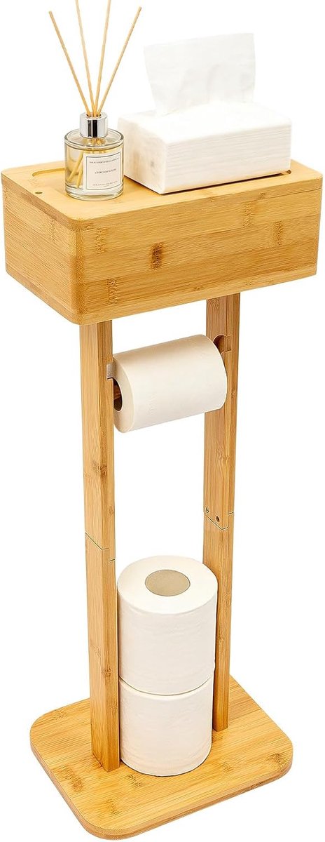 Toiletpapierhouder met opbergruimte - bamboe - draaideksel voor natte doekjes - ideaal voor badkamer - SnelShoppen