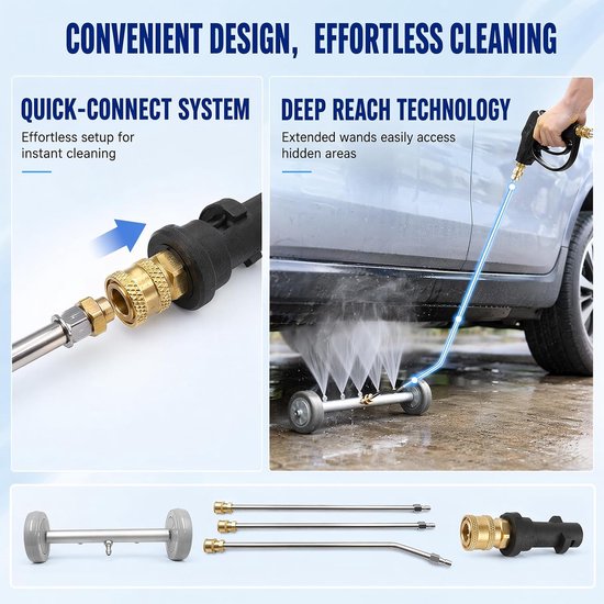 Auto, hogedrukreiniger ondervloerreiniger, 4000 PSI oppervlaktereiniger met 3 verlengbuizen en 1/4 inch snelaansluiting, waterbezem voor auto, SUV, camper, tuin — afbeelding 4