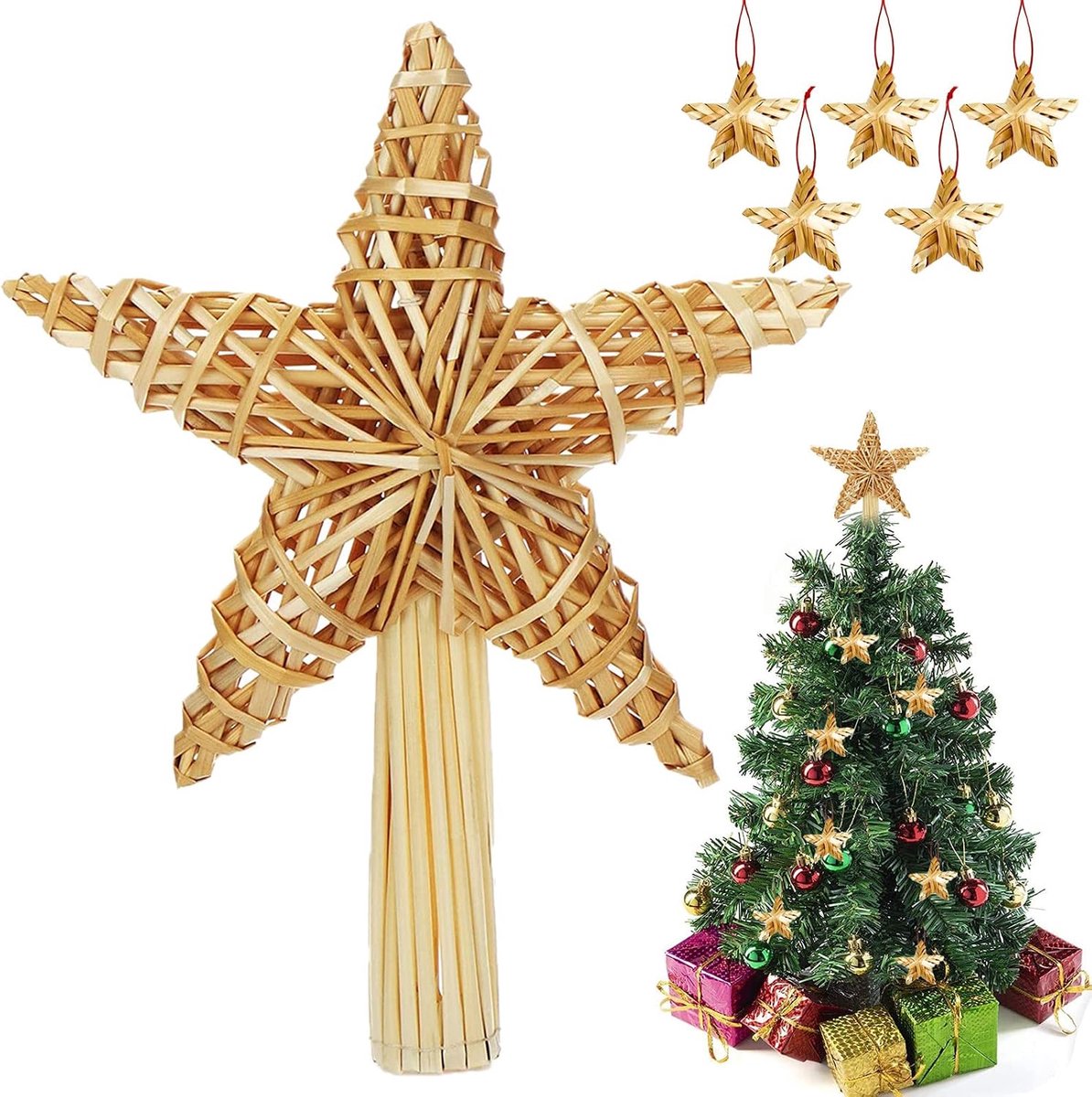 Sterpunt, 20 x 30,5 cm, ster kerstboompiek van stro met 5 strosterren Ø 5 cm, natuurlijk stro, boompunt, kerstboompiek ster van stro voor het versieren van de kerstboom