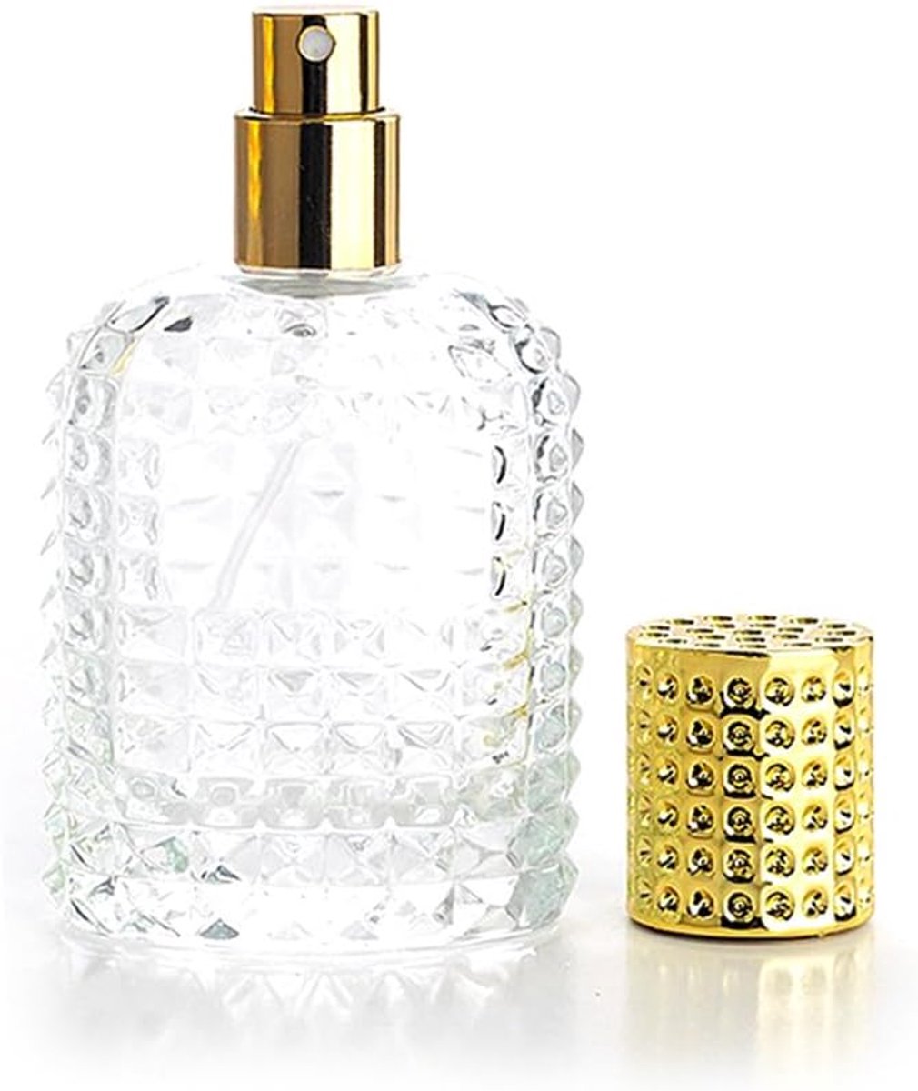 navulbare spuitfles van helder glas, 50 ml, met vultrechter (goud)