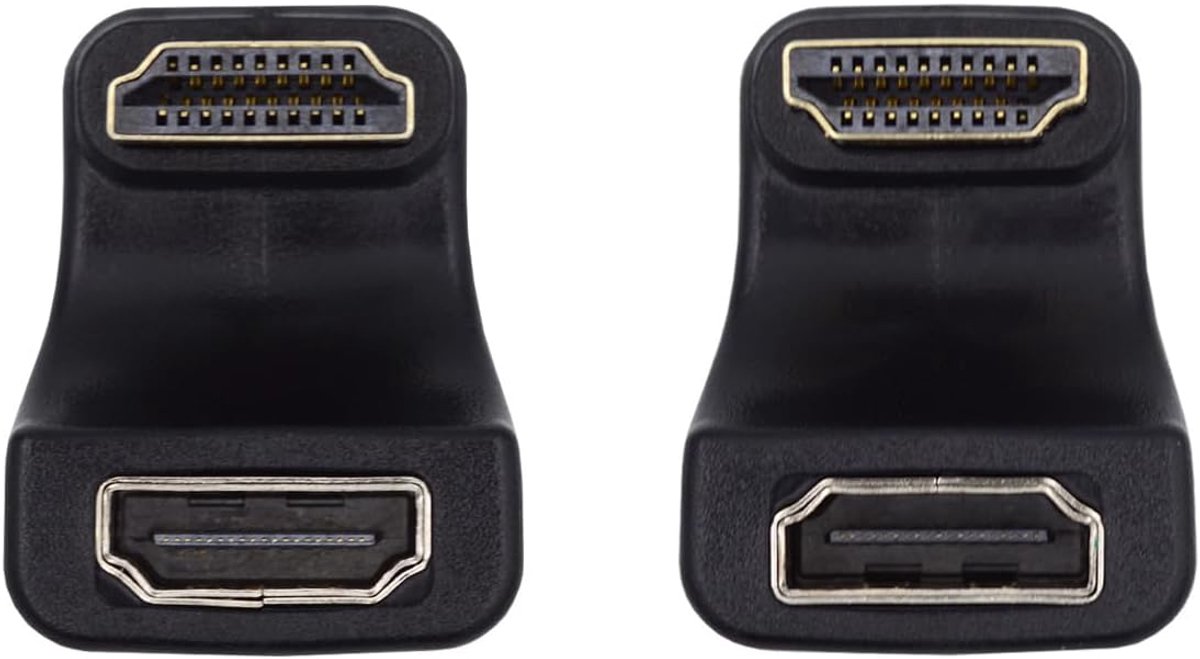 2 stuks/set Omhoog & Omlaag gehoekte HDMI Type-A mannelijke naar HDMI Type-A vrouwelijke poortbeschermers 360 graden tegenovergestelde U-vormige achterwaarts gehoekte (pitch=21mm)