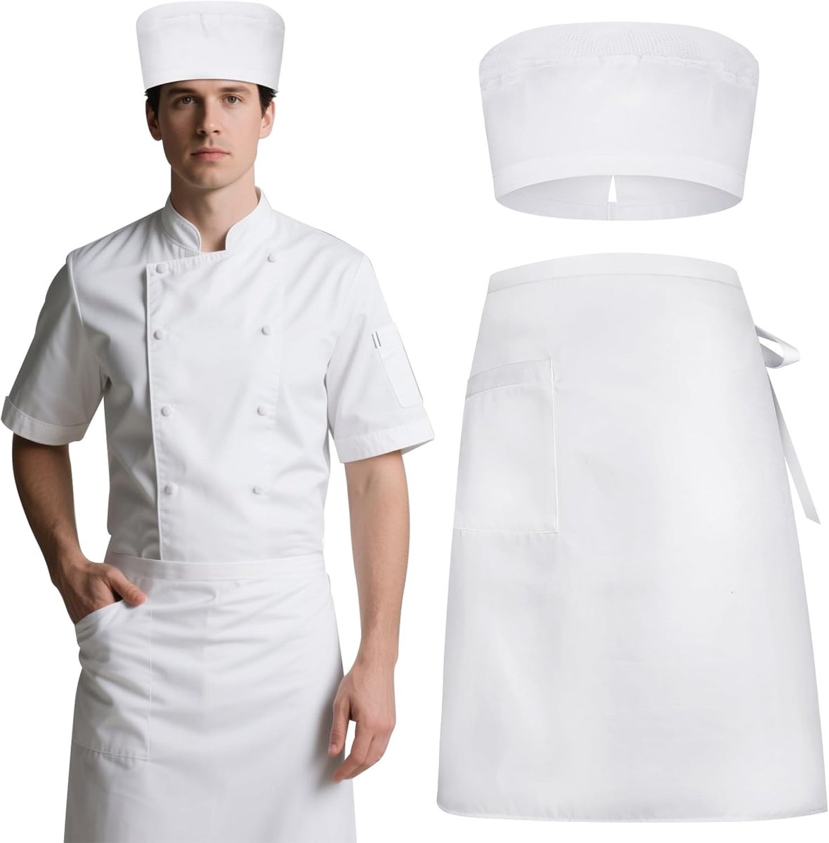 Keuken Schort Set van 2 - Kookmuts en Schort met 1 Pocket - Unisex Verstelbaar - Perfect voor Koken - ShopVlot