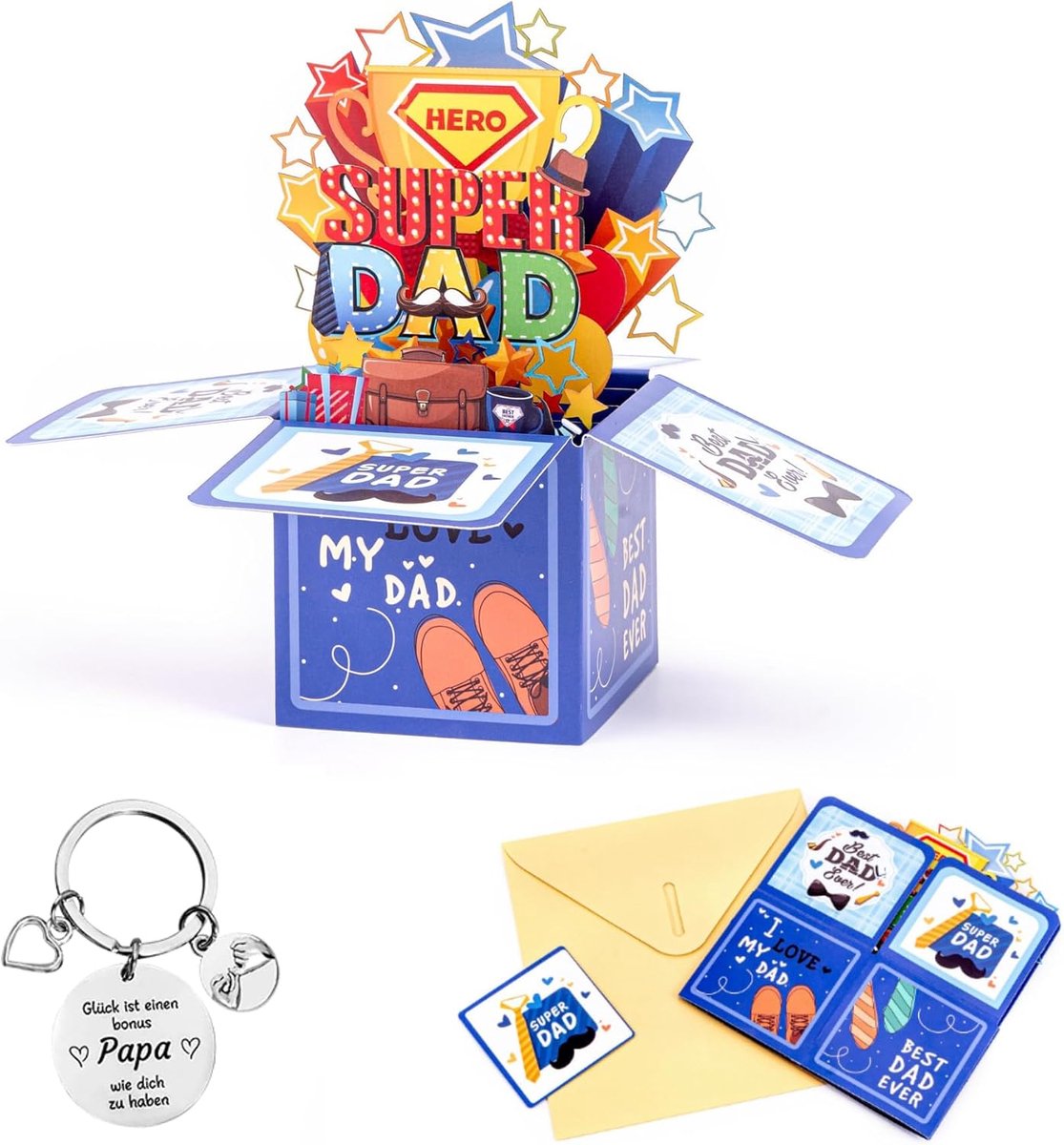 3D pop-up verjaardagskaart - sleutelhanger - super papa - unieke verrassing - ShopVlot