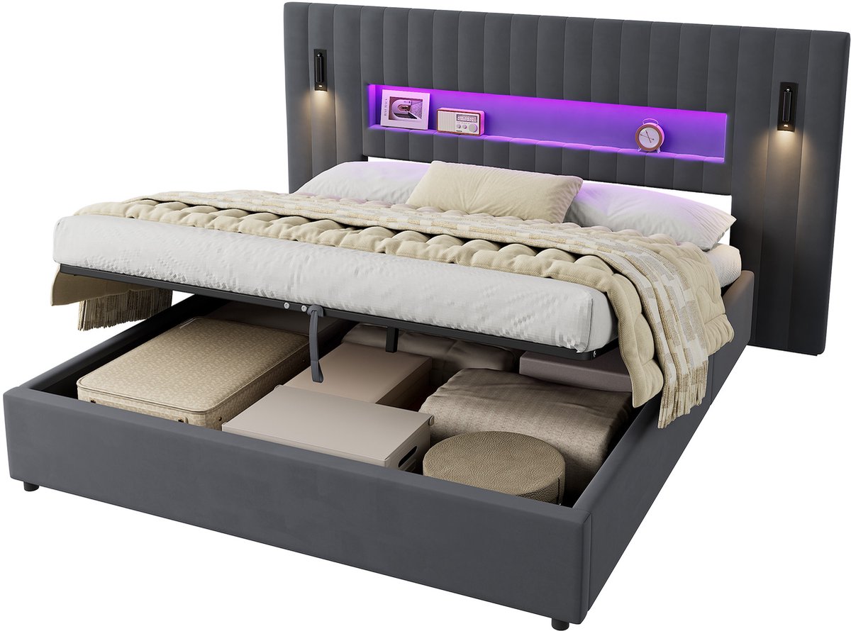 MODFU Gestoffeerd Bed 180x200 cm – 200x233x110 cm – Met LED, USB & hydraulische opbergruimte – Grijs – Incl. lattenbodem