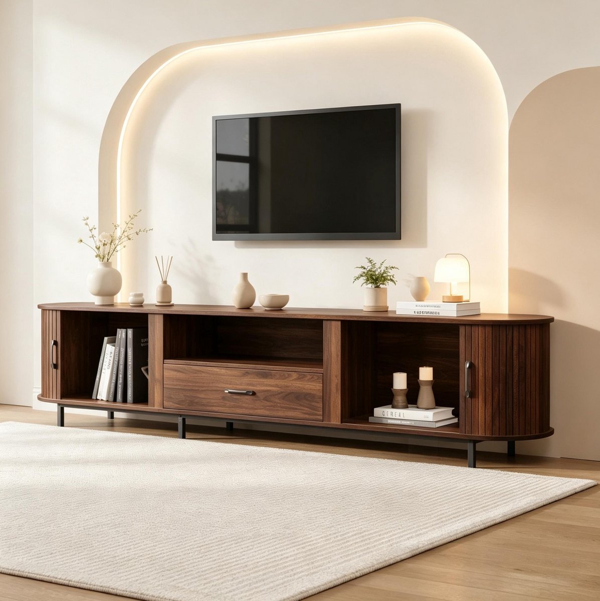 OKWISH TV-Meubel - 180 x 40 x 50 cm - 2 Schuifdeuren en 1 Lade - Open Vakken voor Woonkamer - Retro Stijl - MDF Walnoot
