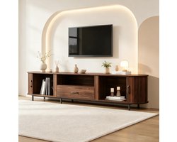 OKWISH TV-Meubel - 180 x 40 x 50 cm - 2 Schuifdeuren en 1 Lade - Open Vakken voor Woonkamer - Retro Stijl - MDF Walnoot