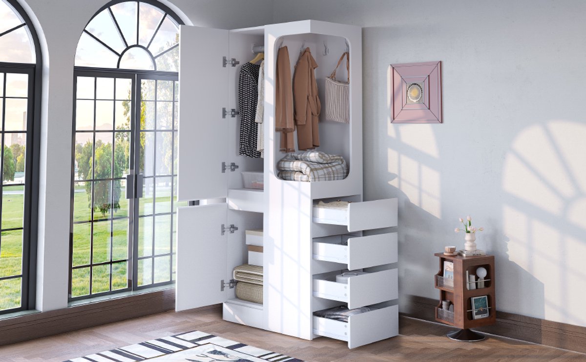 Kledingkast 1-Deurs met 4 Lades en Open Hanggedeelte - 70 x 40 x 170 cm - Wit