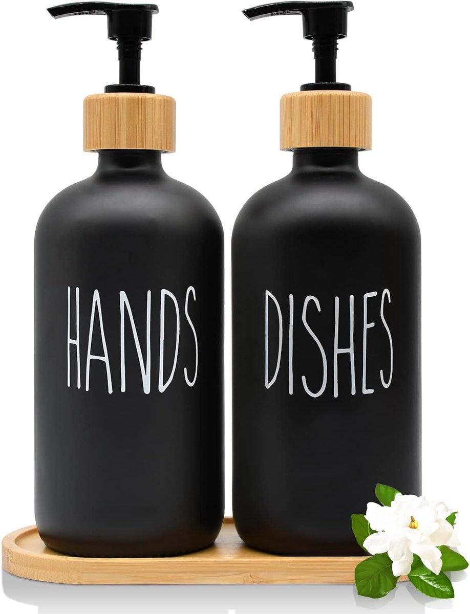 Zeepdispenser set 500ml - glazen dispenser met houten tray - voor handzeep en afwasmiddel - SnelShoppen