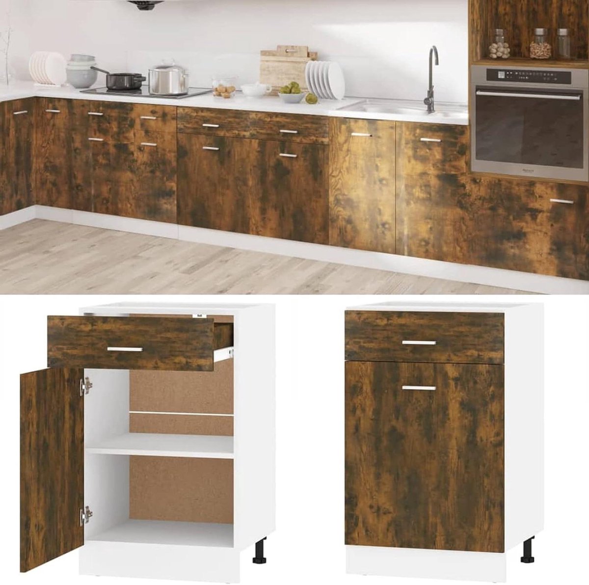 Keukenkast - Opbergkast Keuken - Keuken Organiseren - Met Lade en Deuren - 50x46x815 cm - Smoke Oaks