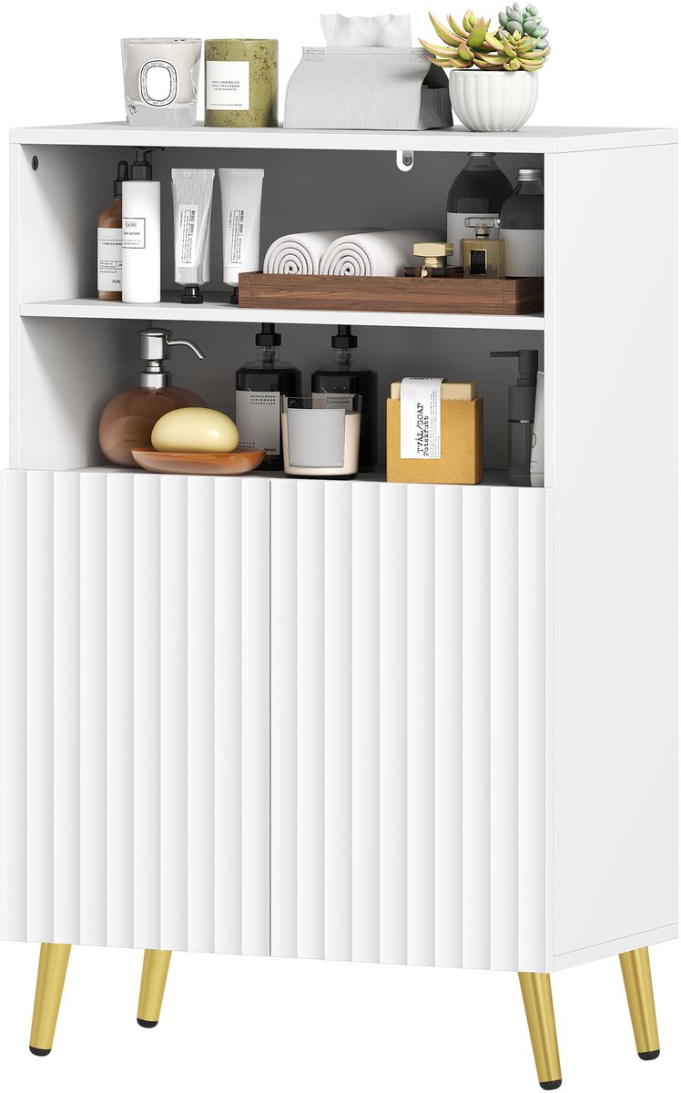 ECTEATOY®Badkamerkasten met 2 Open Planken en Soft - Close Deurtjes - Badkamerkast - Kolomkasten voor Badkamer, Keuken of Slaapkamer - 60x31.8x93 cm - Wit