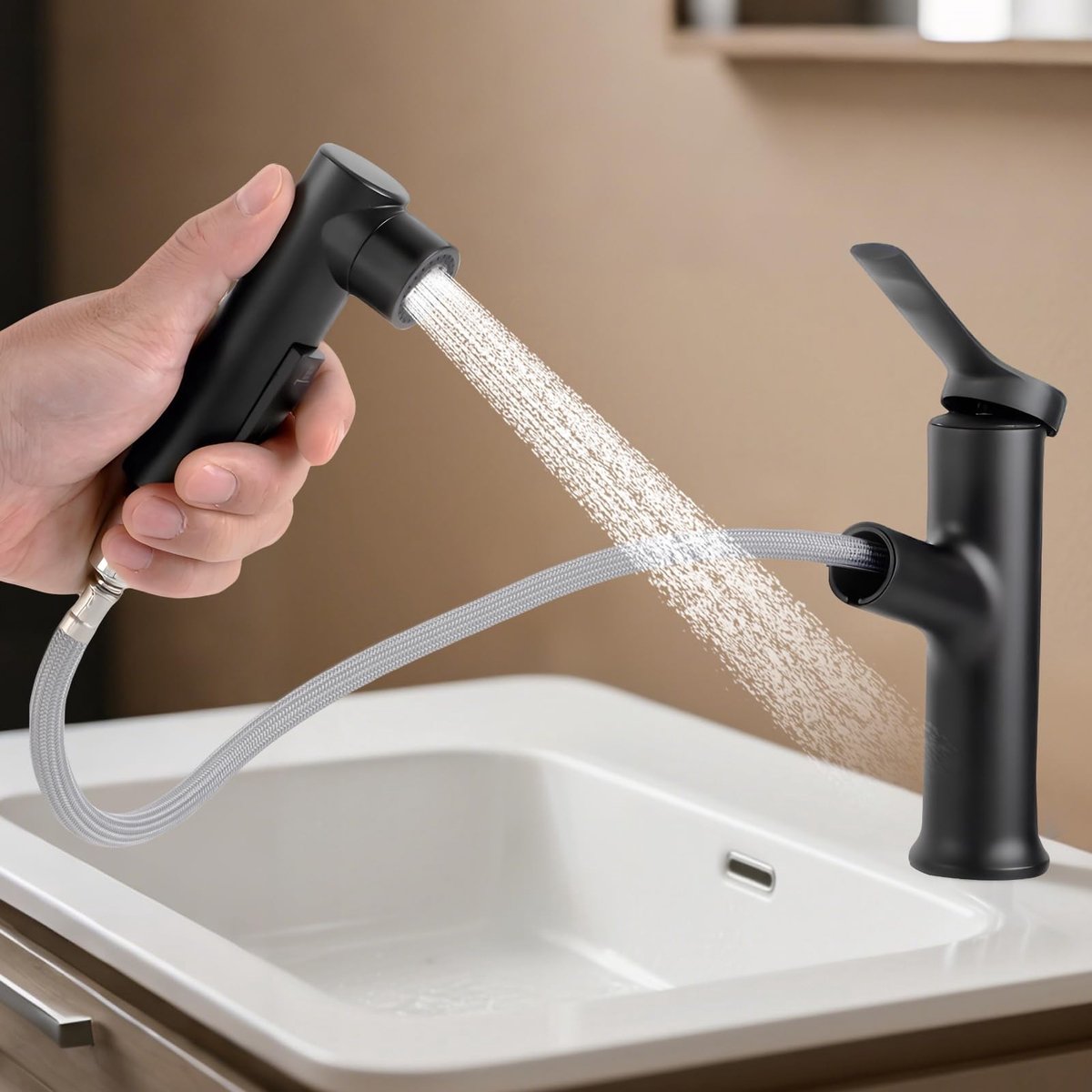 Dailygoods- Wastafelkraan met uittrekbare sproeier - Mengkraan voor warm/koud water - Toiletkraan - Zwart - Roterende uitstraling