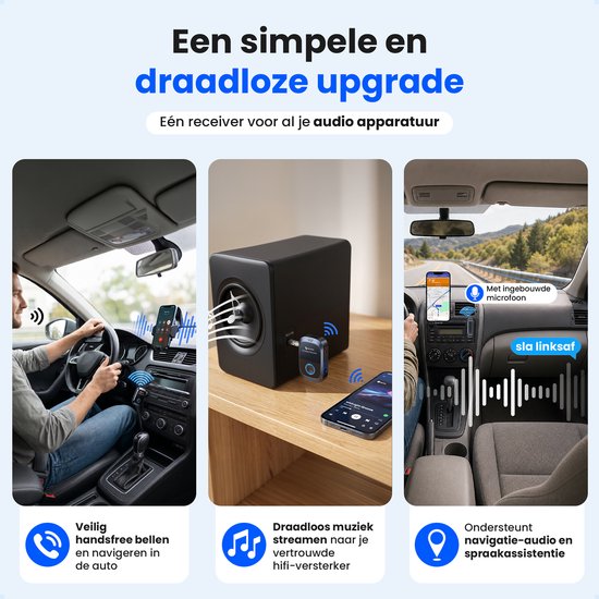 Eenvoudige draadloze upgrade voor audioapparatuur: handsfree bellen, muziek streamen, navigatie en spraakassistentie.