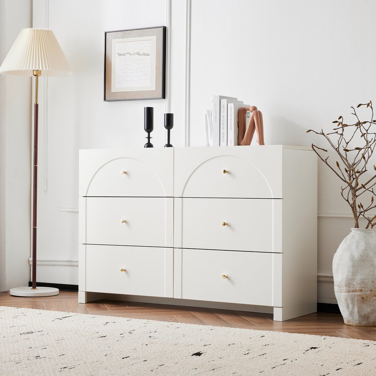 DESMIU Ladekast - Klassiek Romantisch Design Met 6 Lades - Voor Woonkamer En Slaapkamer - Spaanplaat - 120x40x82 Cm - Wit