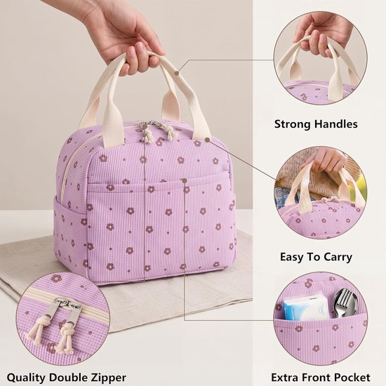 VHV Geïsoleerde Lunchtas Dames - Koeltas Lunchbag met Handvat - Paarse Bloemenprint - Voor Werk, School en Onderweg — afbeelding 2