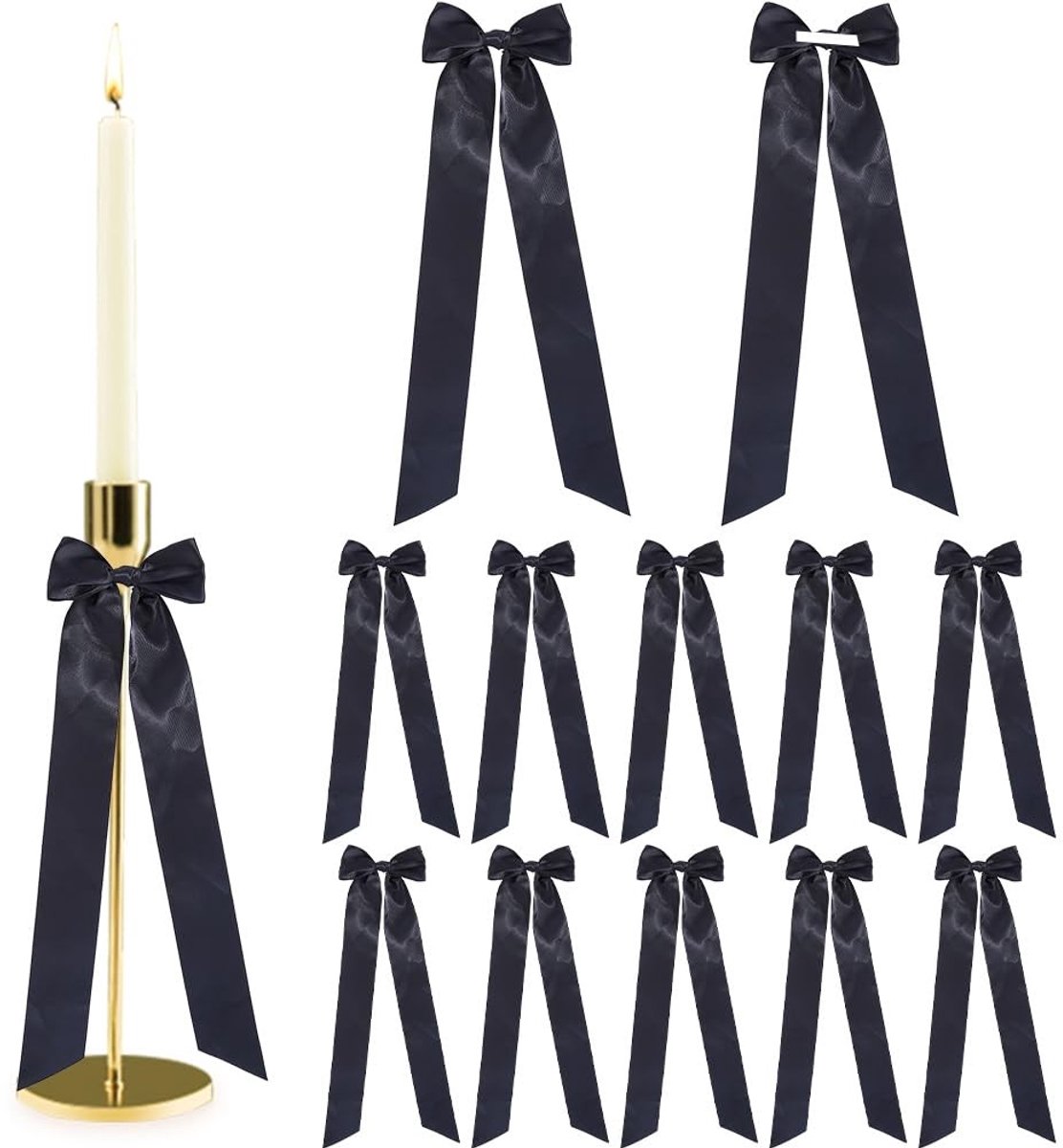 Dailygoods- Kandelaar Decor - 12 Stuks Zwarte Strikdecoraties - Polyester - Tafelversieringen - Ruimtehangers - Afmetingen 14,2-14,4 inch lang - Decoratie