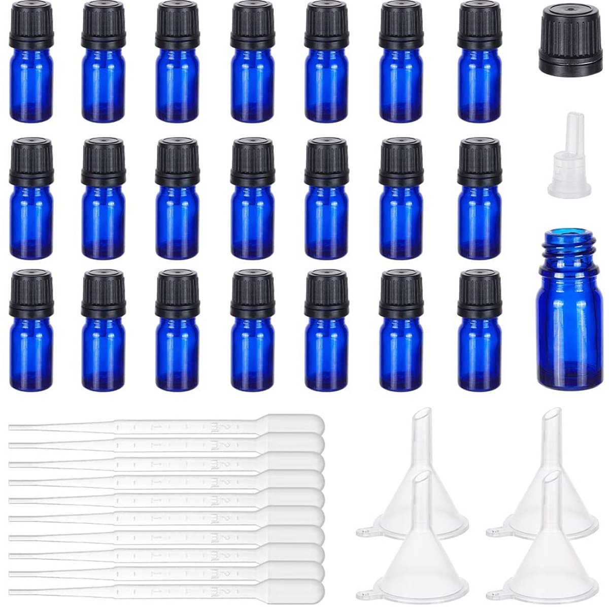 Dailygoods- Oliefles Set van 24 - Glazen Flessen 5 ml - Met Druppelaars en Trechters - Voor Olie en Etherische Oliën - Ambachtelijke Ervaring - Flesjes
