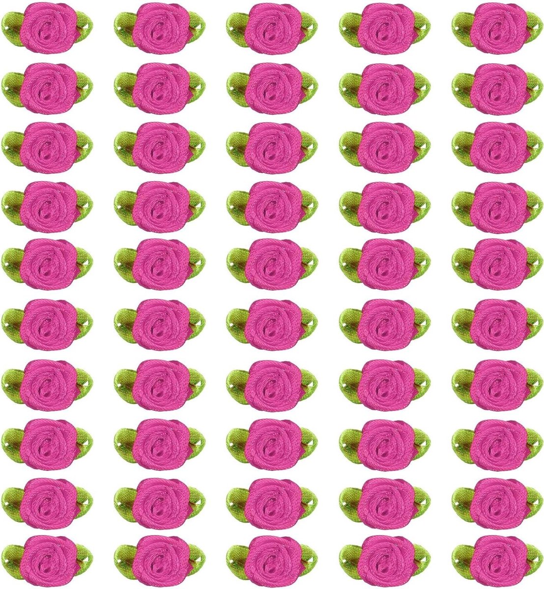 Satijnen lint roos - Stoffen bloemen - Ambachtelijk project - Met groene bladeren - 100 stuks - Rozenrood