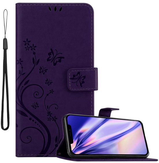 Cadorabo Hoesje geschikt voor Apple iPhone 12 / 12 PRO in BLOEMEN DONKER PAARS - Beschermhoes in bloemmotief met magnetische sluiting, standfunctie en kaartsleuven Book Case Cover Etui