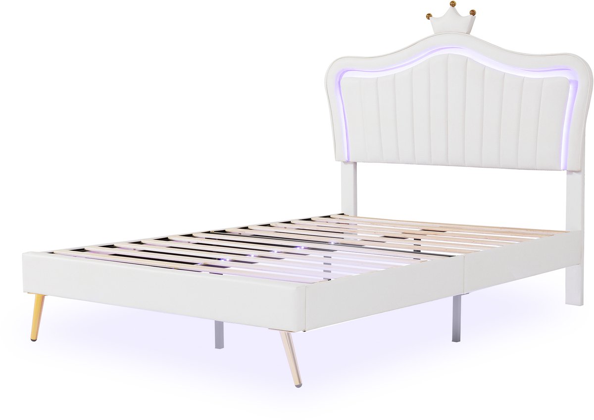COVREO Bed 140x200 cm wit kunstleer met LED en lattenbodem zonder matras