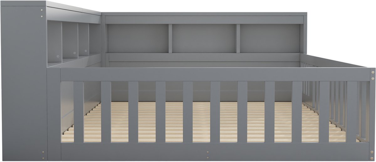 COVREO Bedbank 140x200 cm grijs met opbergvak, lattenbodem, USB en stopcontact