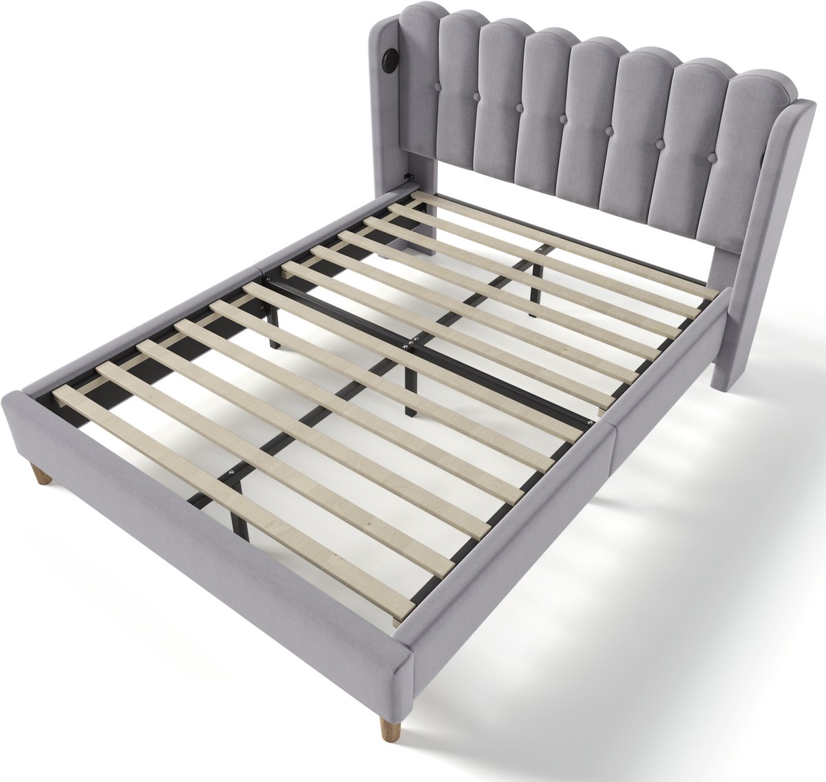 COVREO Bedframe 140x200 cm - grijs, USB Type C, lattenbodem, zonder matras