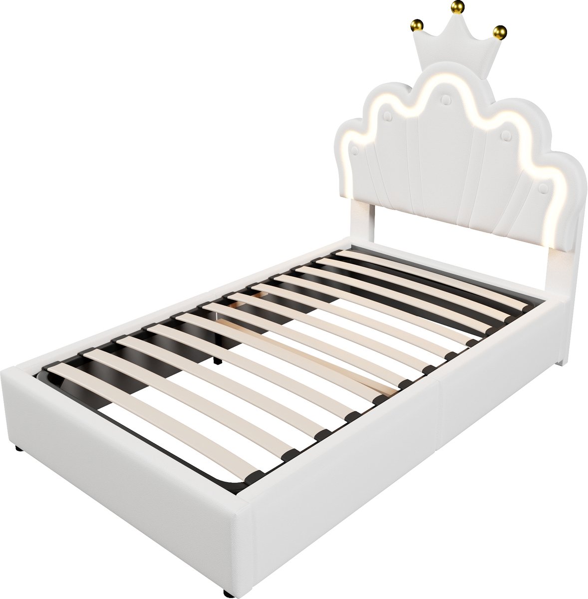 COVREO Bed met verstelbaar hoofdeinde – 90x200 cm – Eenpersoonsbed met LED-verlichting – Opbergbed met hefmechanisme – Wit - zonder matras