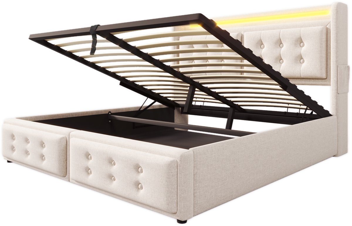 COVREO Opklapbed met LED-hoofdbord – 140x200 cm – 2-persoons slaapplek met USB-C – Hydraulische bergruimte – Beige - met matras