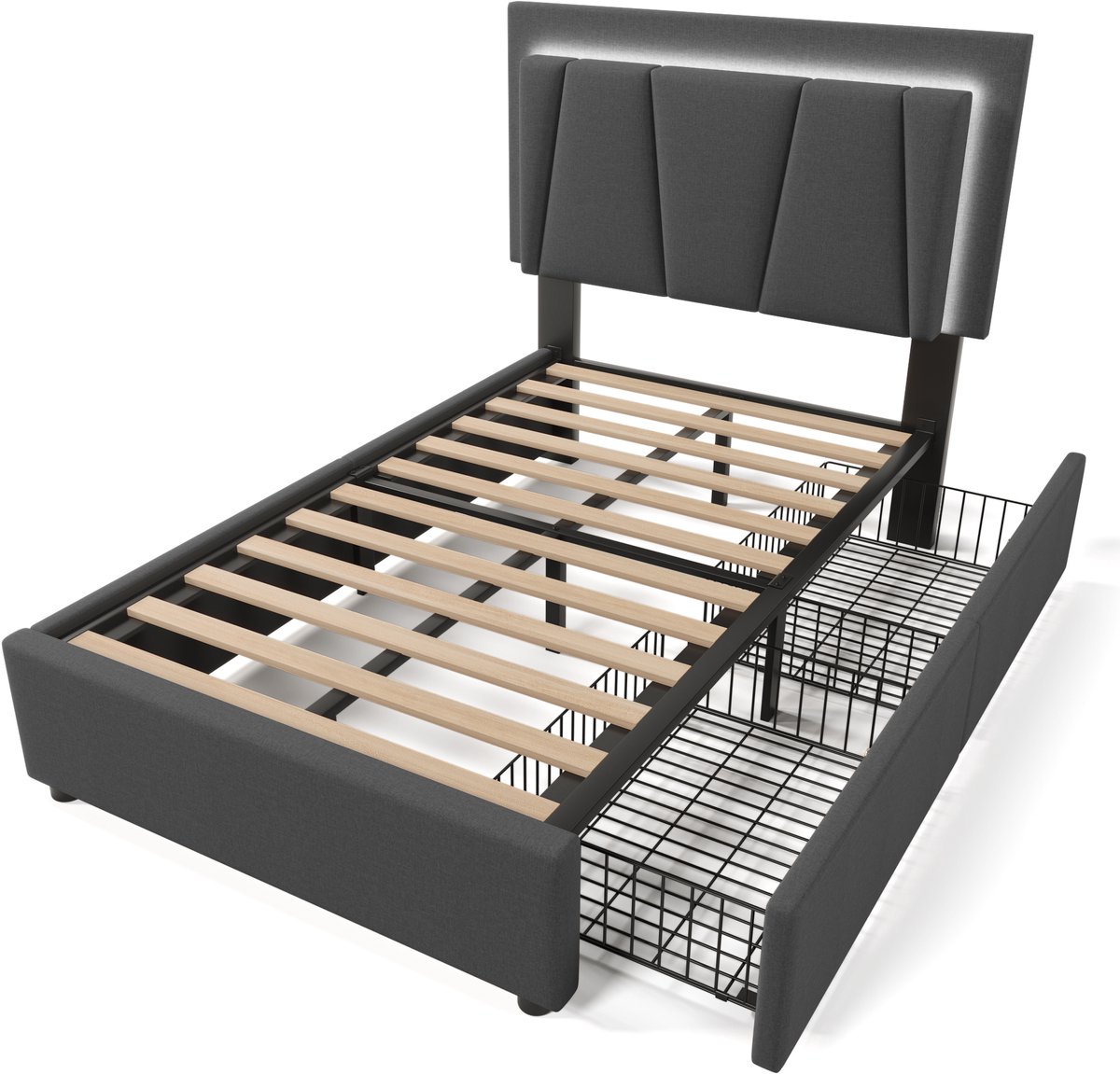 COVREO Bed 90x200 cm grijs met 2 lades en hoofdbord, zonder matras