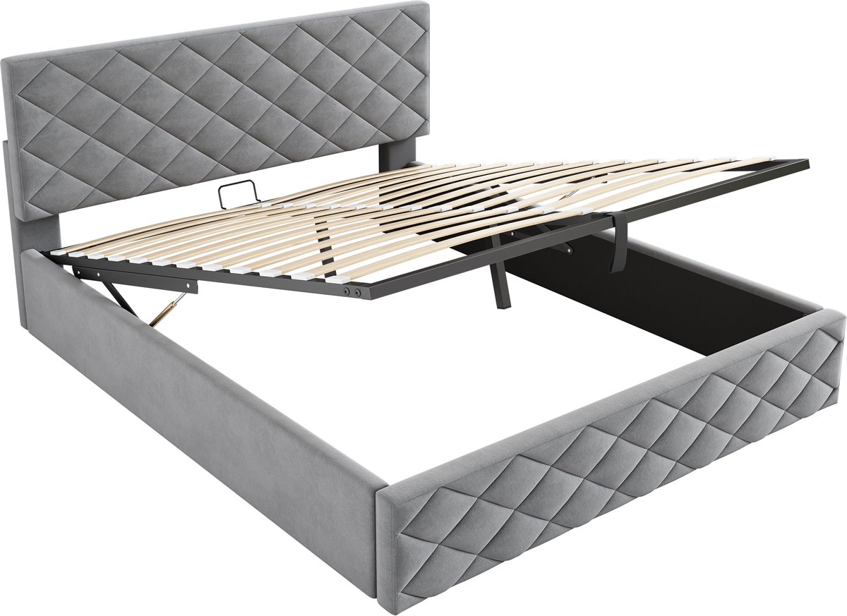COVREO Bedframe 140x200 cm grijs stof met opbergruimte zonder matras