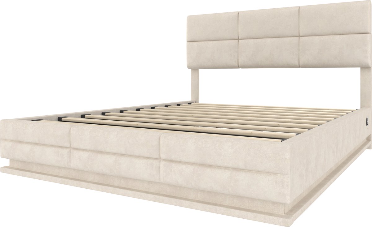 Modern bed van 160x200 cm met fluwelen bekleding en verstelbaar hoofdeinde - Inclusief USB/Type-C-poort, LED-sfeerverlichting, hydraulisch liftsysteem en extra grote opbergruimte (matras niet inbegrepen) - Beige