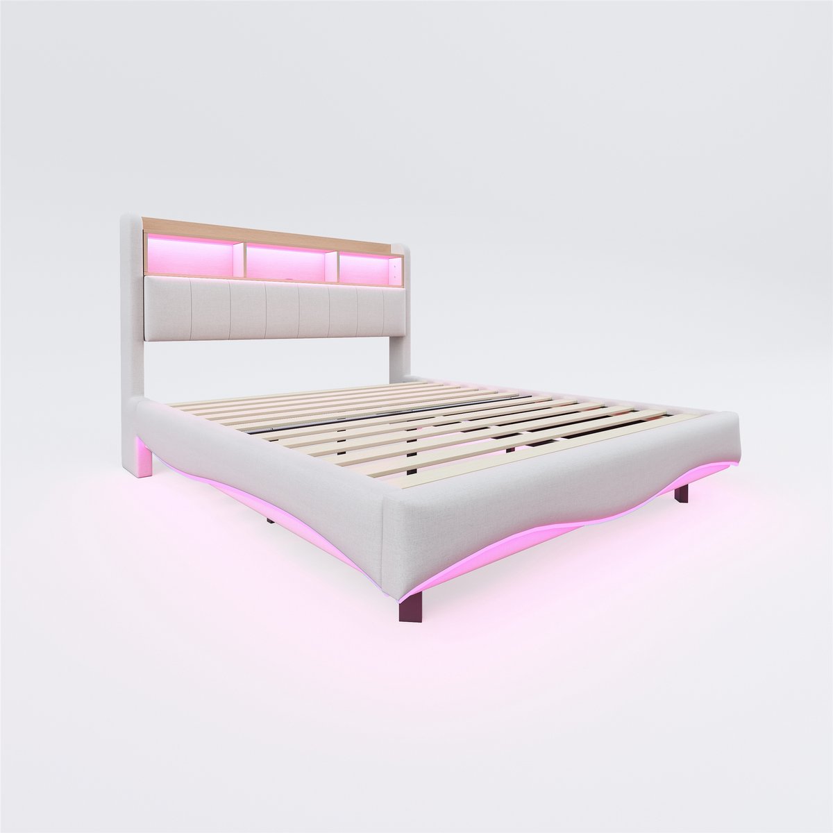 COVREO Bed 140x200 cm beige stof met LED, opbergruimte, zonder matras