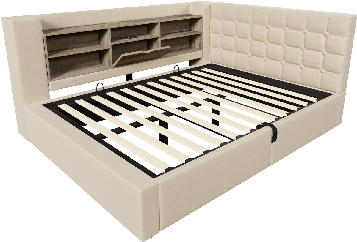 COVREO Bed 140x190 cm beige met LED en opbergruimte zonder matras