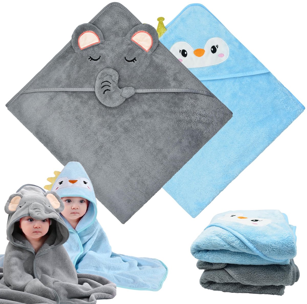 Dailygoods- Babyhanddoek met Capuchon - 2 Stuks 80x80 cm - Koraalfluweel - Washandjes - Babycadeau - Zacht en Hautvriendelijk - Badhanddoek