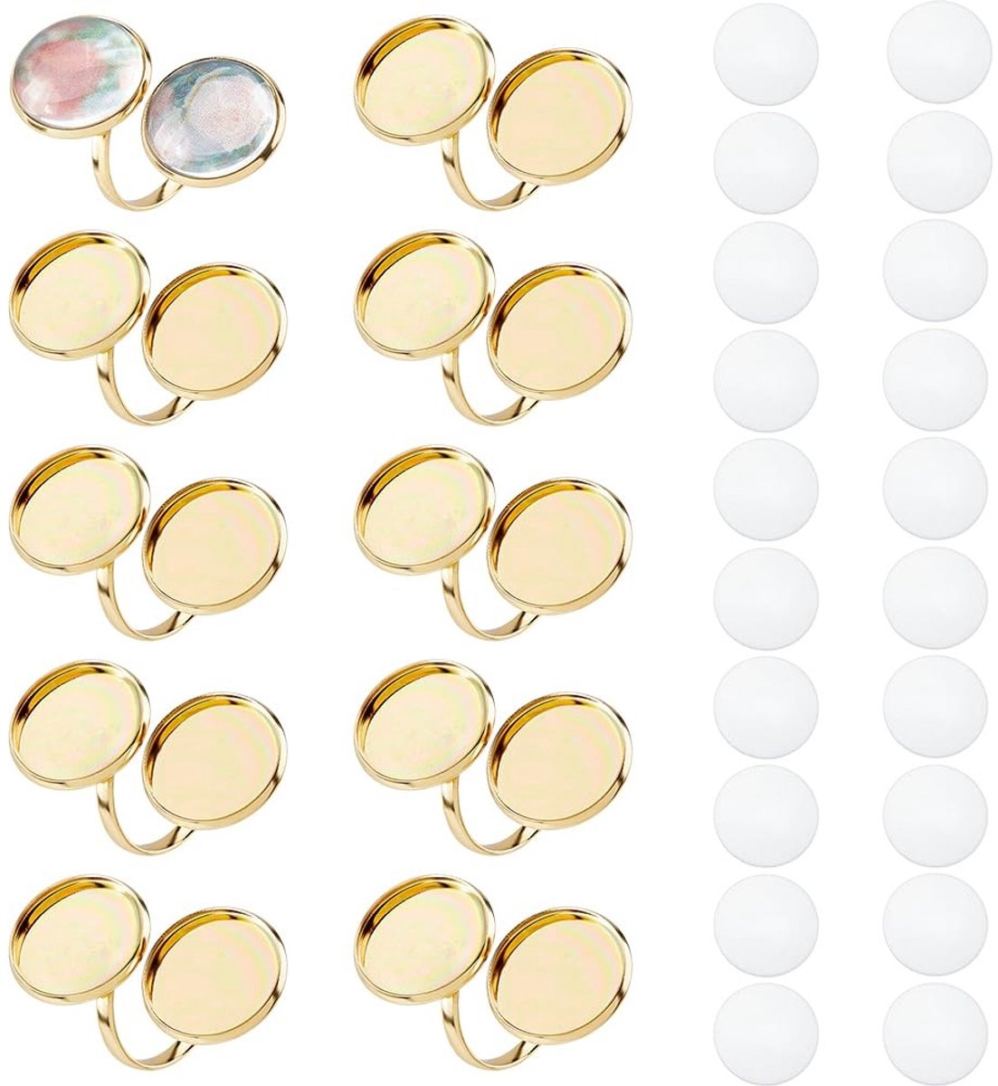 Dailygoods- Ringbasis 18K Verguld - 10 Stuks - Dubbele Fitting - Ronde Dragerringen - Inclusief 20 Glazen Cabochons - Binnendiameter 17 mm - Ring