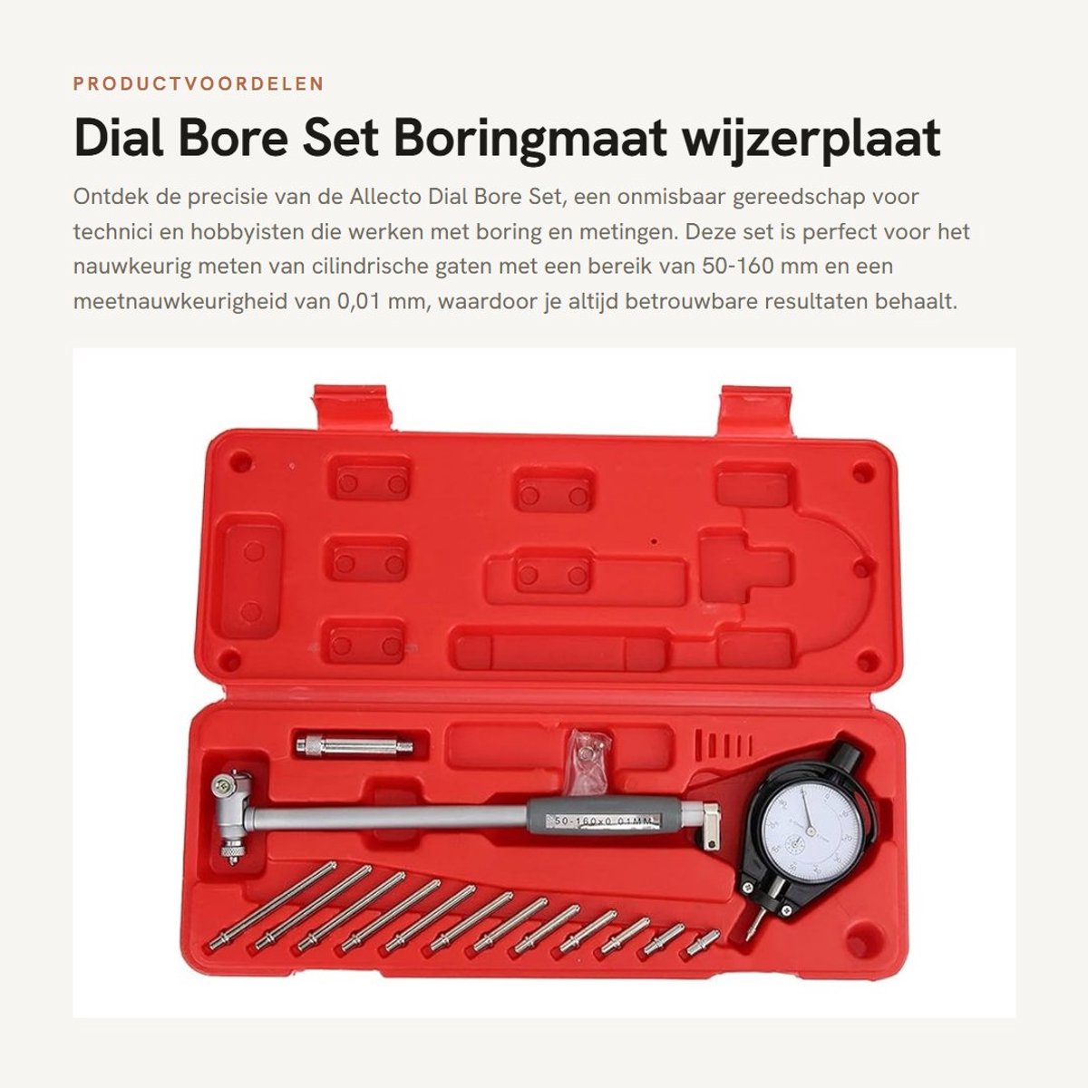 Dailygoods- Meetklok Hoge Nauwkeurigheid 0,01 mm - Boringmaat Wijzerplaat - 12 Vervangbare Meetkoppen - Meetbereik 50-160 mm - Duurzaam - Handig Opbergdoos - Boring Gauge