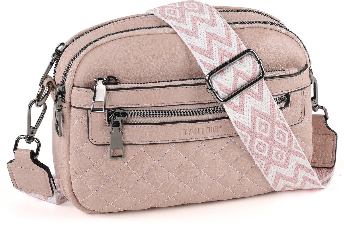 TANTOMI - Schoudertas Dames - Crossbody Tas met Zachte Brede Band - met Meerdere Ritsen - Klein handtas dames - Oudroze