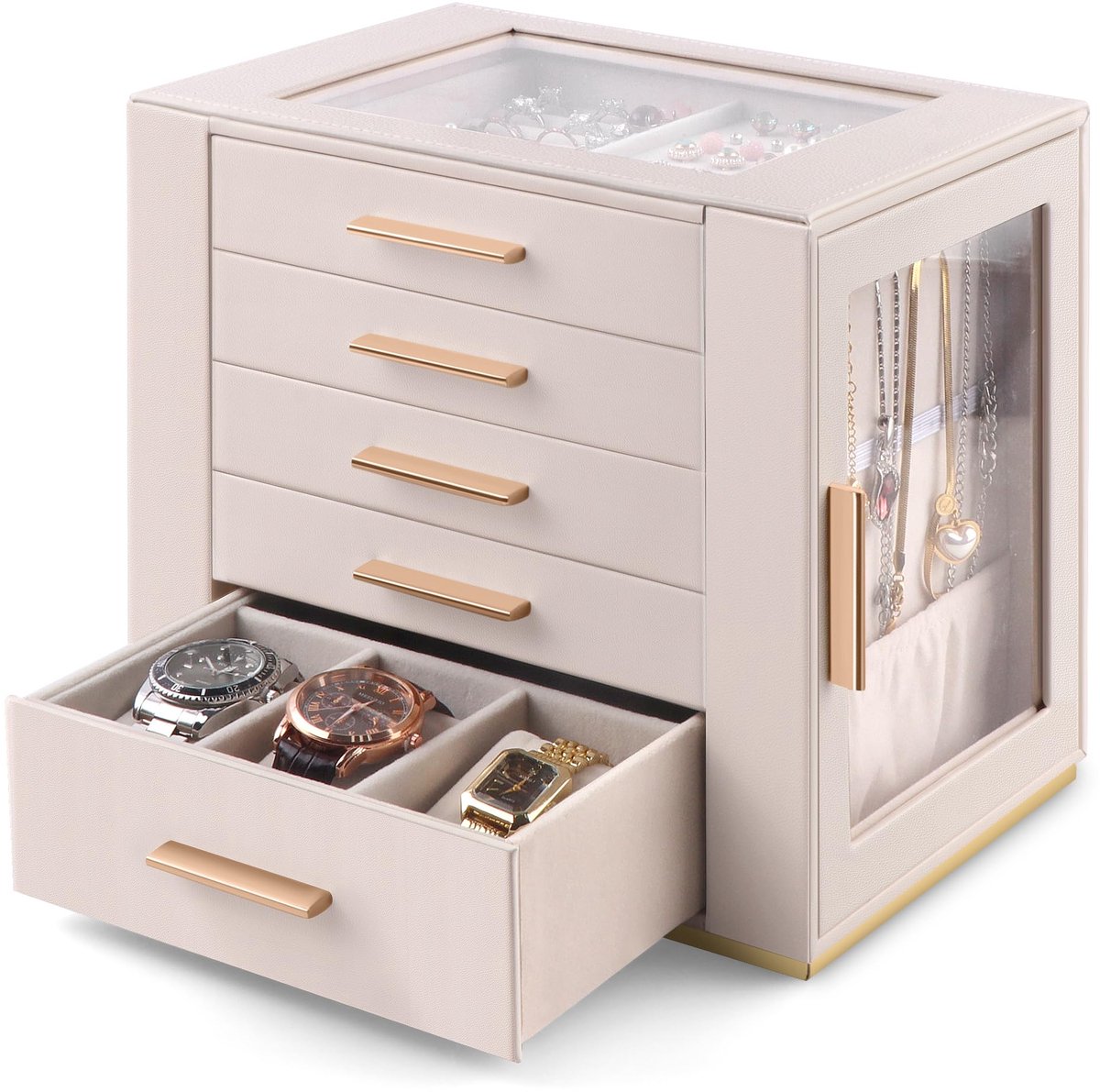 SnelShoppen - Groot sieradendoosje voor vrouwen, 5 lagen, PU-leer, opbergdoos voor ringen, oorbellen, halskettingen, armbanden, horloges, haaraccessoi