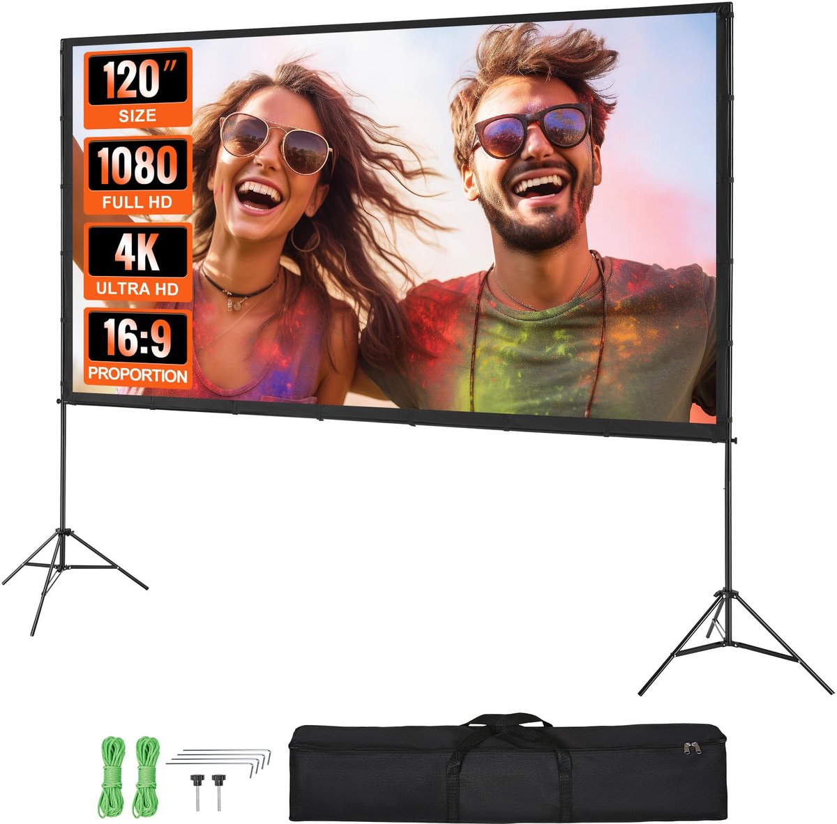 SnelShoppen - VEVOR Projectorscherm 120 inch 16:9 4K 1080 HD Kreukvrij Filmscherm met Standaard en Draagtas voor Buiten, Thuisbioscoop, Filmavond, Tui