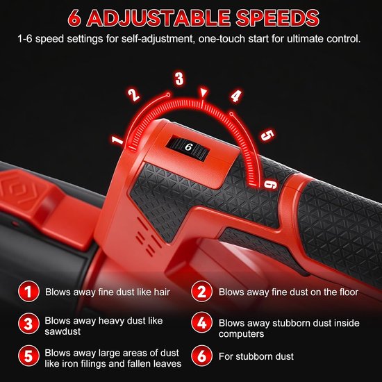 Accu Bladblazer - Turbo Blower - Tuin Onderhoud - 6 Snelheden Instelbaar - 61 m³/uur - Rood — afbeelding 3