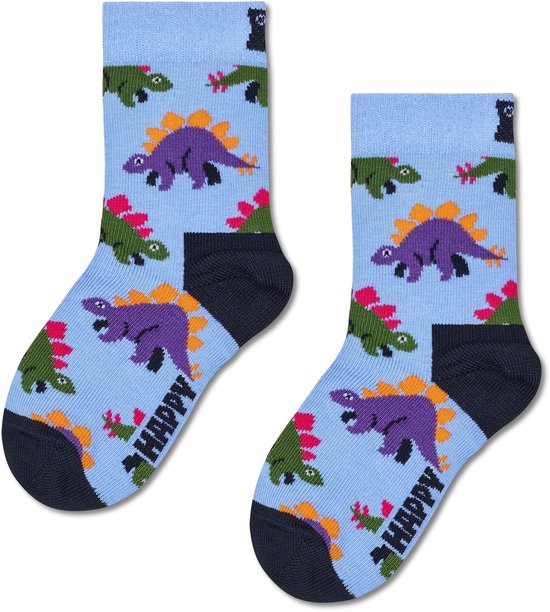 Happy Socks lichtblauwe kindersokken met paarse en groene dinosaurussen.