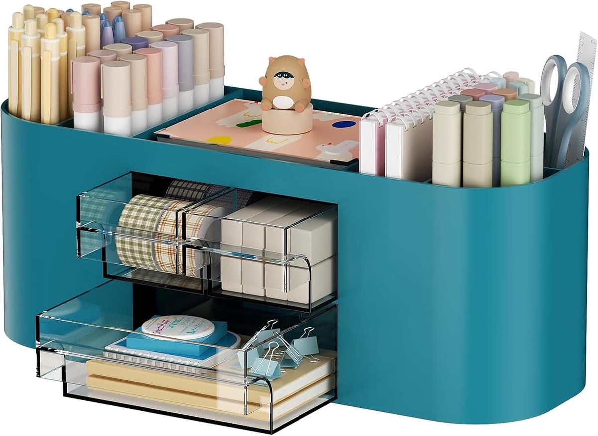 SnelShoppen - Marbrasse Bureau-organizer met 3 Laden, Multifunctionele Pennenhouder, Bureauaccessoires met 7 Vakken, Donkergroen voor Thuis, School, K
