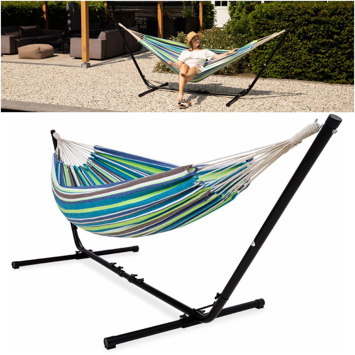 SnelShoppen - Hangmat met Standaard voor Tuin en Camping - Comfortabele en Ruime Tuinhangmat - Ideaal voor Ontspanning en Genieten - Geschikt voor Vol