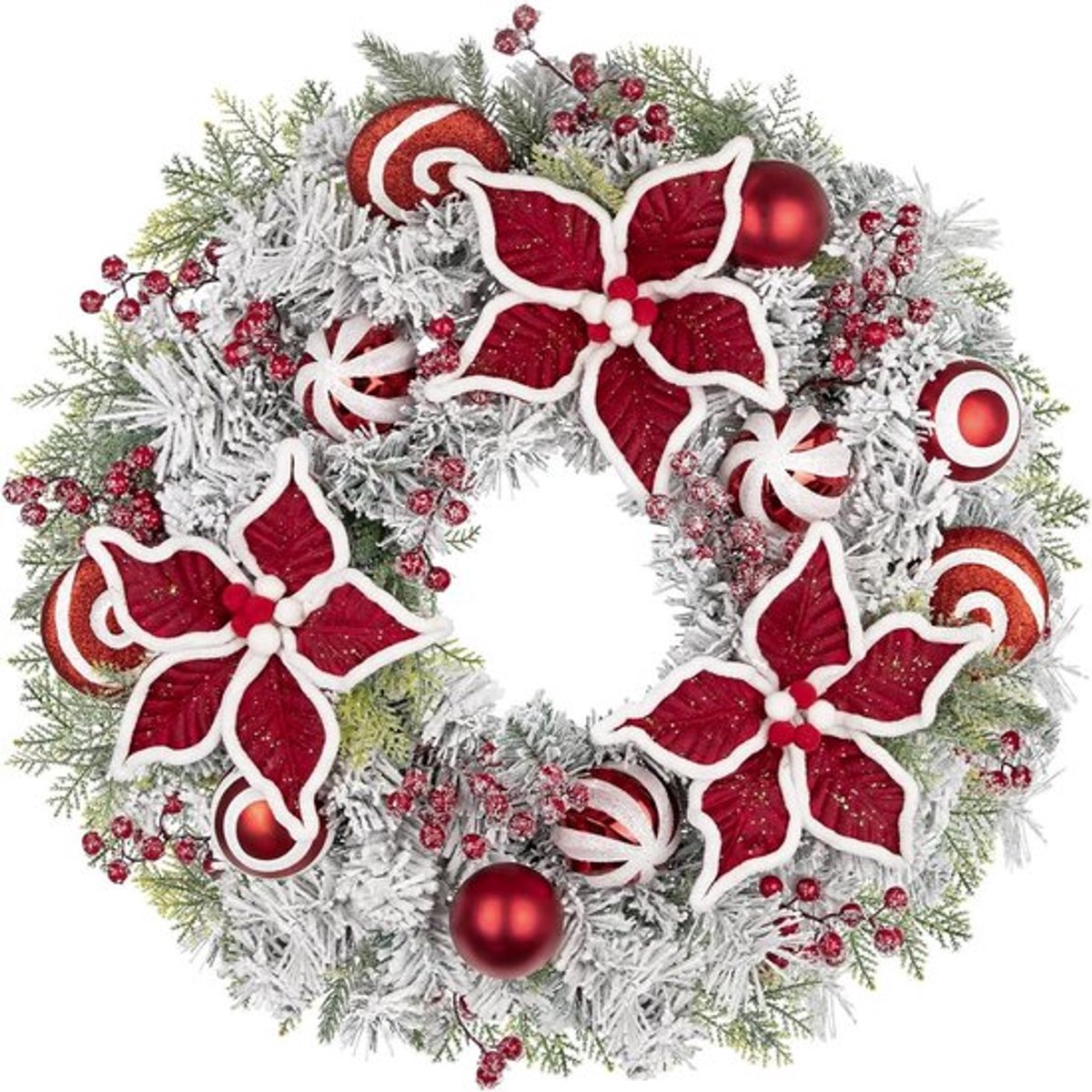 Kerstkrans met rode kerstster en kerstballen - 61 cm - Voordeur decoratie - Besneeuwde grenen - Kerstvakantie hangende slinger