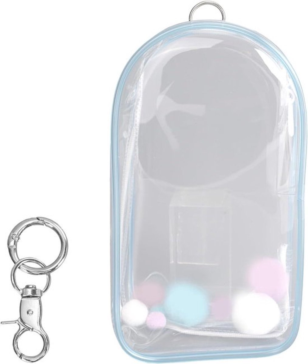 Waterdichte PVC draagtas voor poppen met pompons en sleutelhanger - blauwe transparante displaytas - 19,5 x 10,5 cm - poppen accessoire