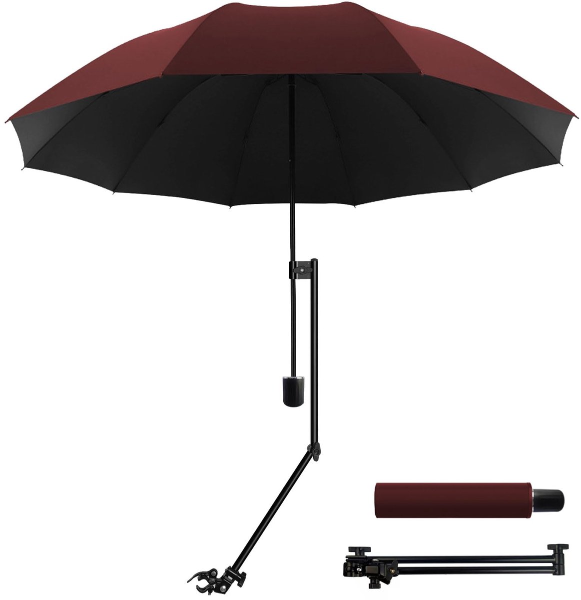 SnelShoppen - Verstelbare Golfparaplu UPF 50+ met Universele Klem voor Stoelen, Golftassen, Kinderwagens en Rolstoelen - Rood-M - Draagbare Paraplu vo