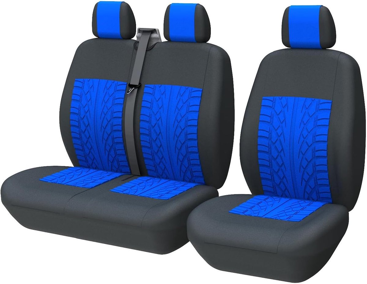 SnelShoppen - Universele stoelhoezen auto voor bestelwagen voorstoelen 3D-band-spoorpatroon, 1+2 stoelhoezen, blauw, waterdicht en slijtvast, autoacce