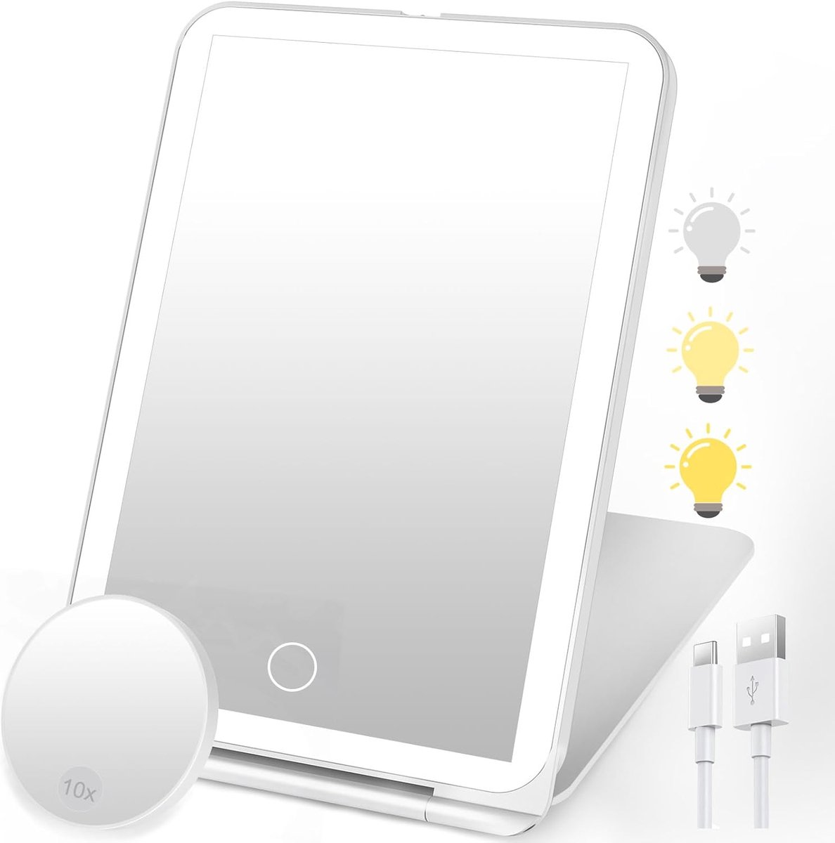 SnelShoppen - Make-upspiegel met Verlichting Oplaadbaar Opvouwbaar Ultraslank 3 Dimbare Lichtkleuren Touchscreen 10x Mini-Vergroting Wit Voor Thuis en