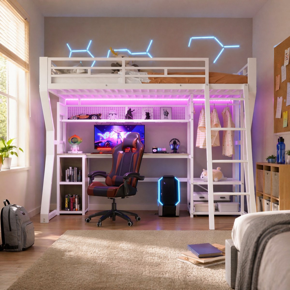 DESMIU Hoogslaper 90x200 cm – Met Bureau, Verlichting En Stopcontact – Met Kledinggedeelte En Opbergvakken – Voor Slaapkamer – Metaal En MDF – Wit – Zonder Matras