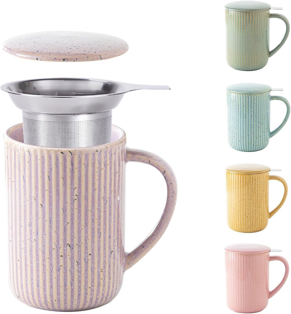 Ceramische Theekop met Infuser en Deksel - 470ml Flambe Paars voor Losse Thee en Theeliefhebbers