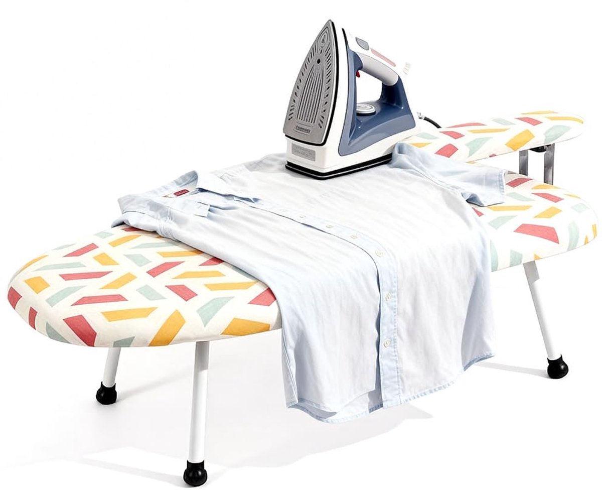 SnelShoppen - Inklapbare Strijkplank met IJzeren Standaard, Ruimtebesparende Tafelstrijkplank met Anti-Slip Inklapbare Poten, Stabiel Metalen Weefsel